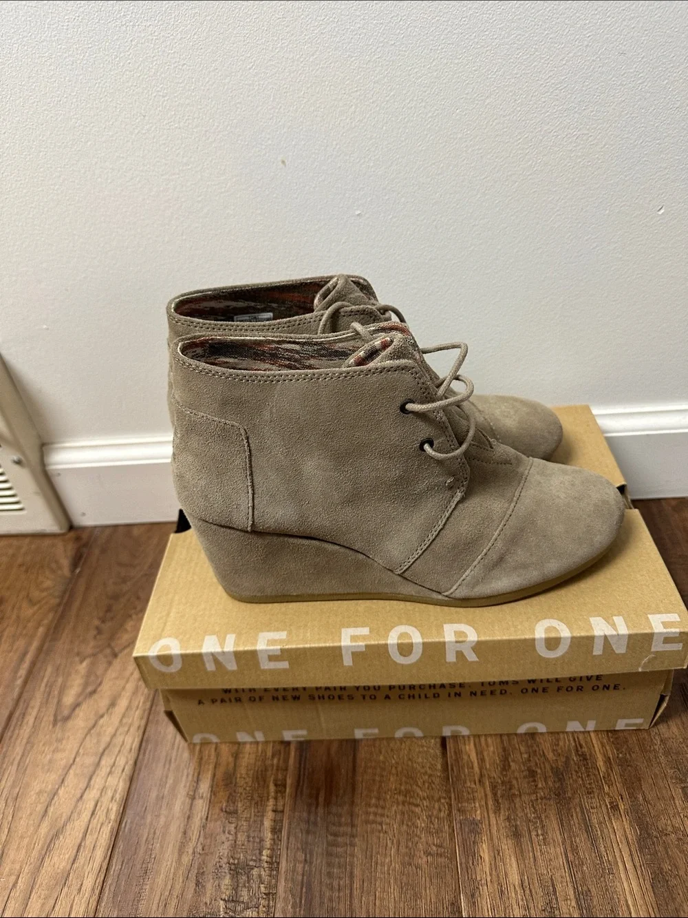 TOMS Taupe Suede Lace-Up Wedge Ankle Booties